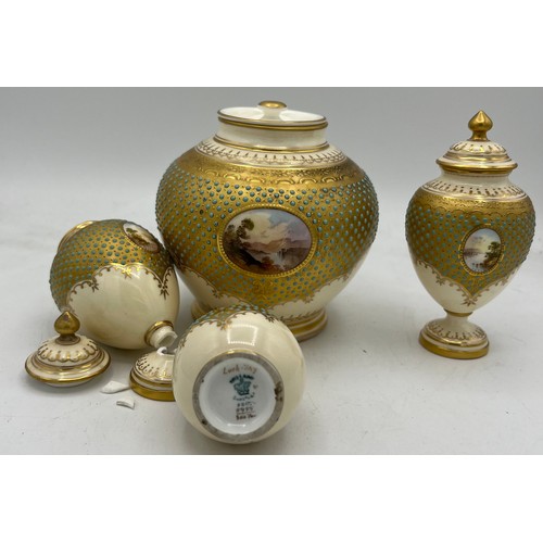 258 - Early 20thC jewelled Coalport vases and  jar with painted landscape panels to front to include Loch ... 