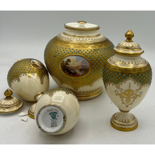 258 - Early 20thC jewelled Coalport vases and  jar with painted landscape panels to front to include Loch ... 