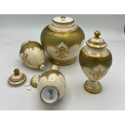 258 - Early 20thC jewelled Coalport vases and  jar with painted landscape panels to front to include Loch ... 