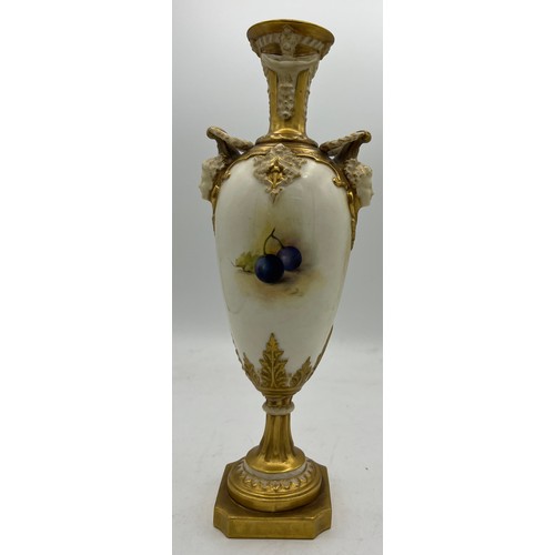 261 - Royal Worcester fruit painted vase signed R. Sebright, height 28cm. Puce mark to base.