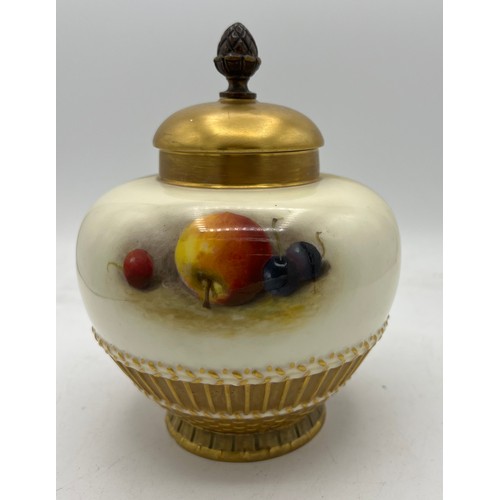 262 - Royal Worcester fruit painted vase and lid signed Ricketts. Approximately 18cm h.