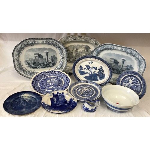 263 - Blue and white ceramics to include 2 x Copeland meat plates 46 x 35cm, 1 x 'Rhine' meat plate with i... 