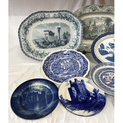 263 - Blue and white ceramics to include 2 x Copeland meat plates 46 x 35cm, 1 x 'Rhine' meat plate with i... 