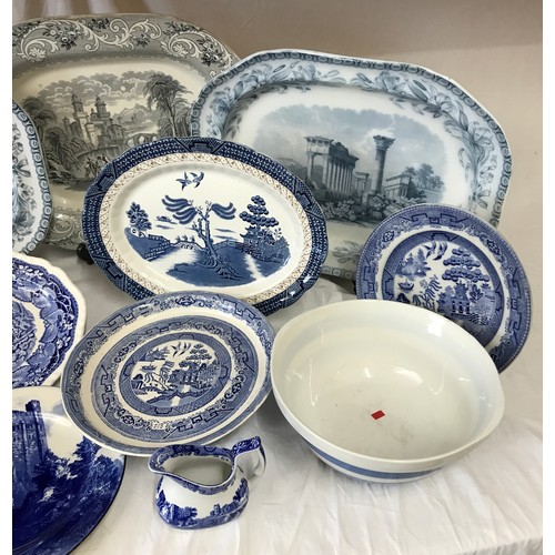 263 - Blue and white ceramics to include 2 x Copeland meat plates 46 x 35cm, 1 x 'Rhine' meat plate with i... 