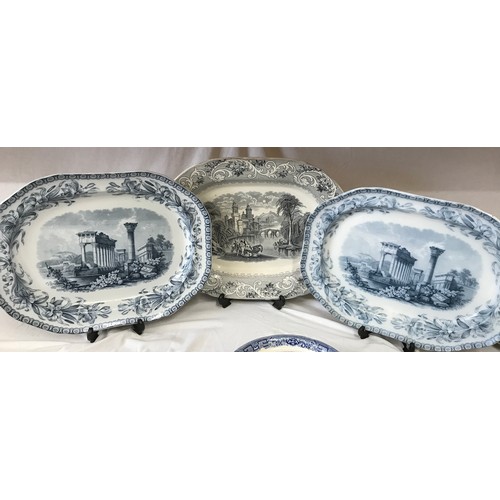 263 - Blue and white ceramics to include 2 x Copeland meat plates 46 x 35cm, 1 x 'Rhine' meat plate with i... 