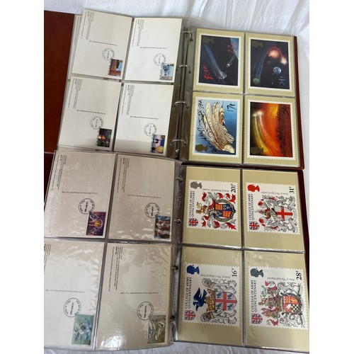 672 - Two boxes to include 2 x Royal Mail F.D.C albums 1980's covers, 2 x Royal Mail P.H.Q. card albums an... 