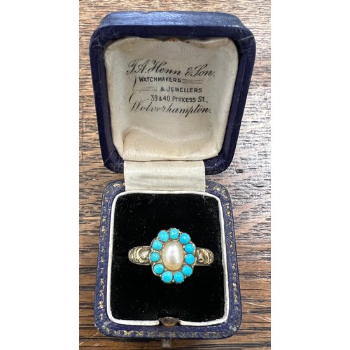 445 - A 19thC yellow metal ring set with pearl and turquoise. Size P. Weight 3.7gm.