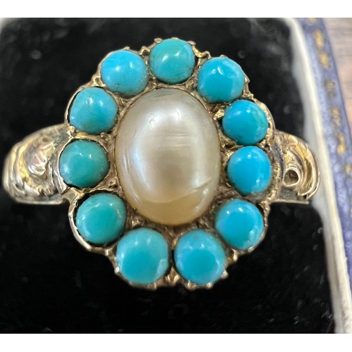 445 - A 19thC yellow metal ring set with pearl and turquoise. Size P. Weight 3.7gm.