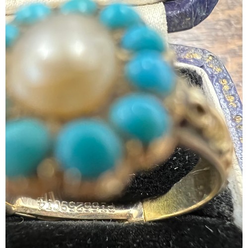 445 - A 19thC yellow metal ring set with pearl and turquoise. Size P. Weight 3.7gm.