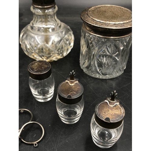 837 - Miscellaneous collection of silver embellished items to include two trinket dishes, a very small con... 