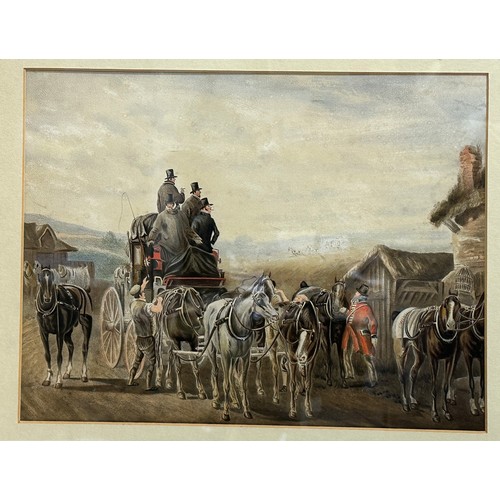 1343 - A pair of 19thC watercolours of coaching scenes. Sight size 29 x 38cm. No signature, maybe below fra... 