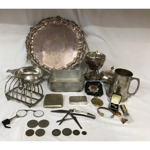 775 - A silverplated tray/stand by Walker & Hall, 35cm diameter along with a white metal snuff box, a plat... 