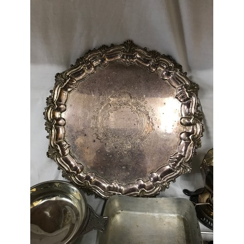 775 - A silverplated tray/stand by Walker & Hall, 35cm diameter along with a white metal snuff box, a plat... 