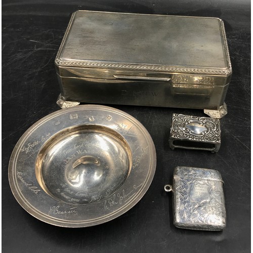 838 - Engraved silver ashtray, London 1963 William Comyns & Sons Ltd, silver Vesta case Joseph Hawkins (pr... 