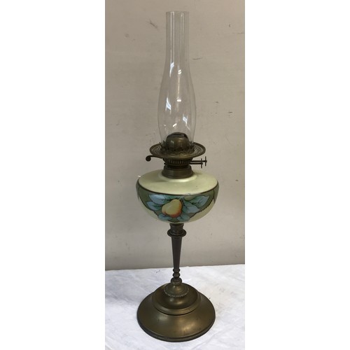 752 - Paraffin table lamp with decorated yellow bowl on brass support and base with chimney but no shade.