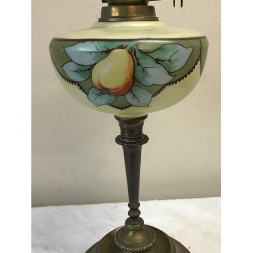 752 - Paraffin table lamp with decorated yellow bowl on brass support and base with chimney but no shade.