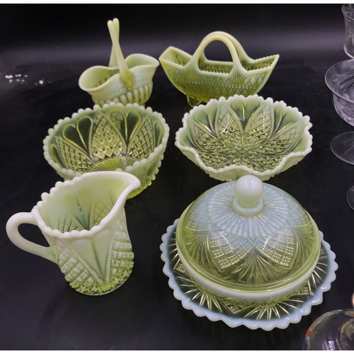 367 - A selection of 19th century G Davidson & Son press moulded Vaseline and uranium glass to include a m... 