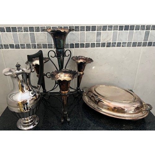 776 - Silver plate to include entrée dish, jug and epergne 33cm h.