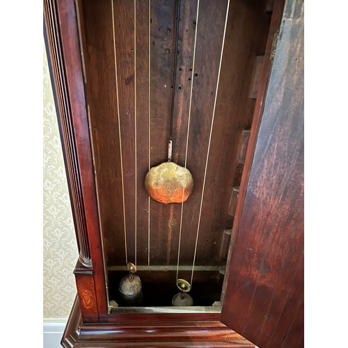 1025 - An 8 day mahogany cased longcase clock with subsidiary dials for date and seconds with repeater mech... 