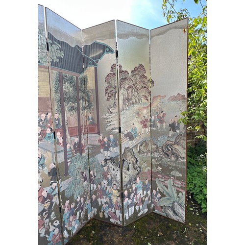 875 - An Oriental 6 panel hand painted dressing screen made in Hong Kong by Maitland-Smith Ltd. Approx siz... 