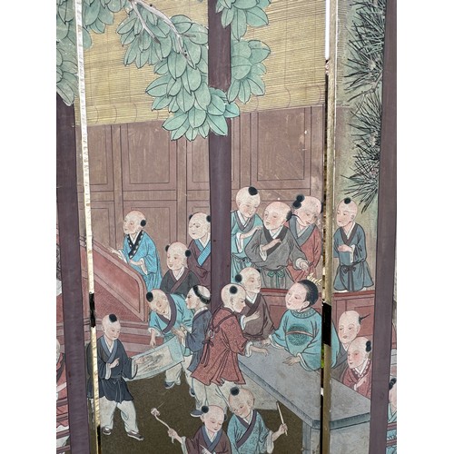 875 - An Oriental 6 panel hand painted dressing screen made in Hong Kong by Maitland-Smith Ltd. Approx siz... 