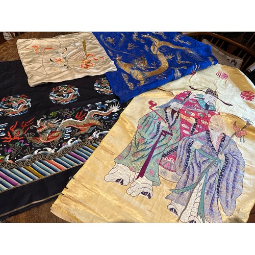 877 - Chinese embroideries to include good quality silk embroidery of group of three gentlemen 128 x 58cm,... 