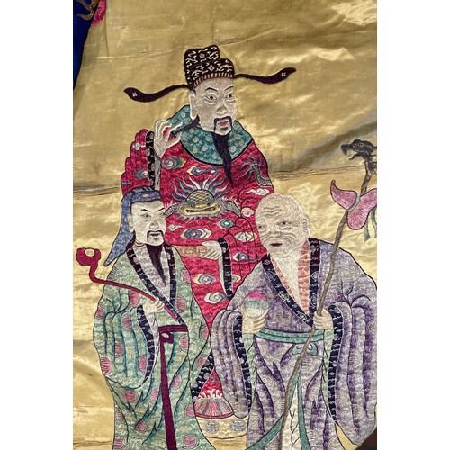 877 - Chinese embroideries to include good quality silk embroidery of group of three gentlemen 128 x 58cm,... 