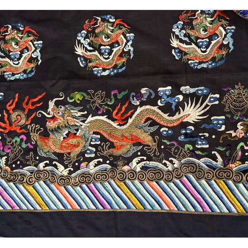 877 - Chinese embroideries to include good quality silk embroidery of group of three gentlemen 128 x 58cm,... 