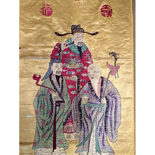 877 - Chinese embroideries to include good quality silk embroidery of group of three gentlemen 128 x 58cm,... 