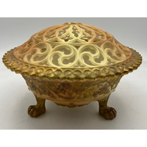 284 - Royal China Works Worcester blush gilt potpourri jar with a reticulated lid and lions paw feet 22cm ... 