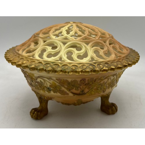 284 - Royal China Works Worcester blush gilt potpourri jar with a reticulated lid and lions paw feet 22cm ... 