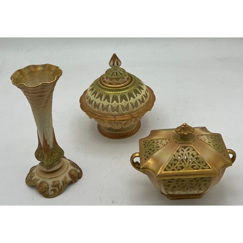 285 - Three pieces of Royal Worcester blush ivory to include two reticulated potpourri and a vase 14cm h.