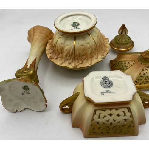 285 - Three pieces of Royal Worcester blush ivory to include two reticulated potpourri and a vase 14cm h.