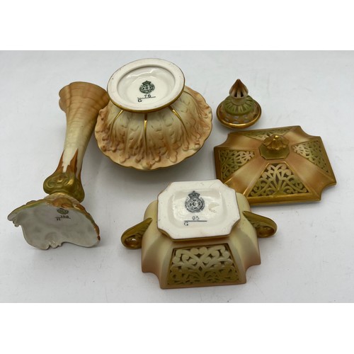 285 - Three pieces of Royal Worcester blush ivory to include two reticulated potpourri and a vase 14cm h.