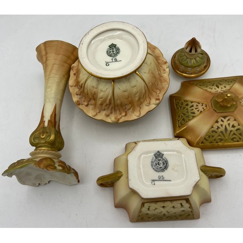 285 - Three pieces of Royal Worcester blush ivory to include two reticulated potpourri and a vase 14cm h.