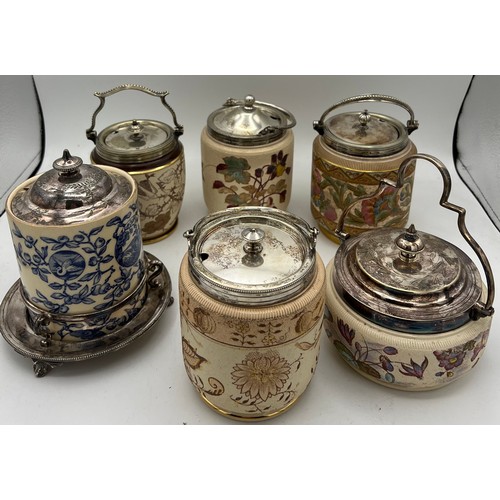 292 - Six Taylor Tunnicliffe preserve jars with silver plated mounts.