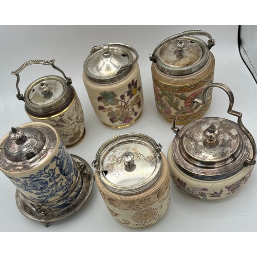 292 - Six Taylor Tunnicliffe preserve jars with silver plated mounts.