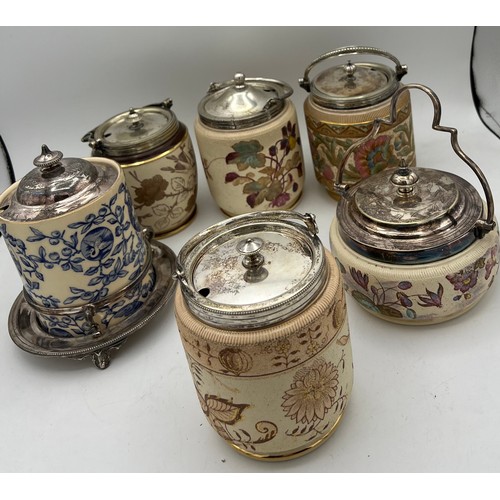 292 - Six Taylor Tunnicliffe preserve jars with silver plated mounts.