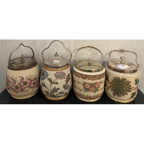 293 - Four Taylor Tunnicliffe biscuit barrels with silver plated mounts.