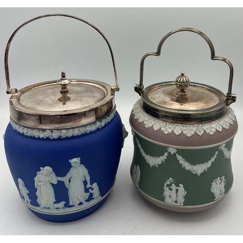 295 - Two Wedgwood Jasperware biscuit barrels with silver plated mounts and swing handles.