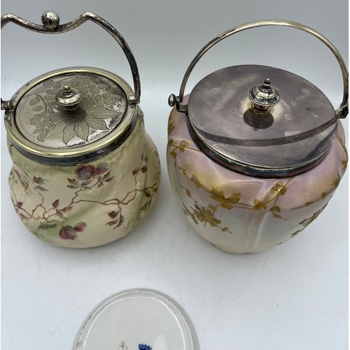 296 - Two Taylor Tunnicliffe biscuit barrels with plated mounts and swing handles together with a Willow p... 