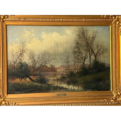 1344 - S. K. George 19thC large oil on canvas of rural scene. Signed lower left S K Georg ?. Plaque to fron... 