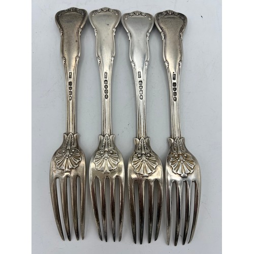 842 - Four heavy gauge table forks London 1829, maker William Chawner II, weight 418gm.