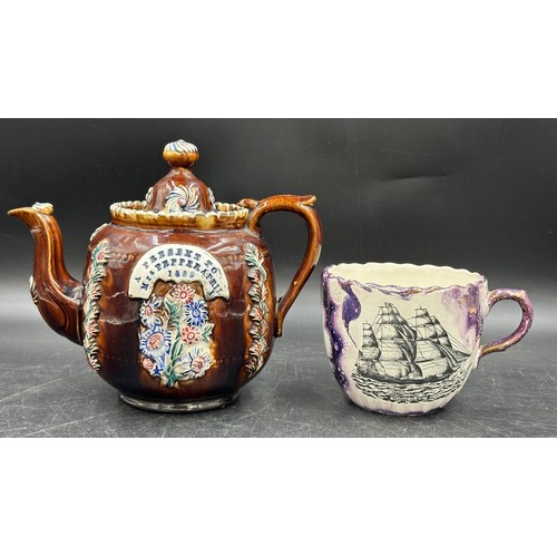 304 - A lustre Sunderland large cup depicting flying cloud ship 10h x 12d along with a Bargeware teapot 18... 