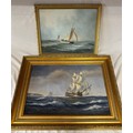 Two oil on canvas depicting sailing ships in rough seas the larger signed lower left Richard Firth 3... 
