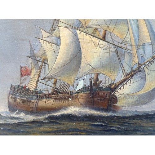 1346 - Two oil on canvas depicting sailing ships in rough seas the larger signed lower left Richard Firth 3... 