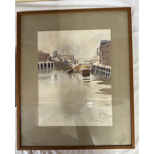 1352 - Mark Gibbons watercolour of River Hull 1973 and a pen and ink sketch of Wilberforce House, Hull by F... 