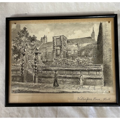 1352 - Mark Gibbons watercolour of River Hull 1973 and a pen and ink sketch of Wilberforce House, Hull by F... 