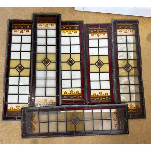 376 - Six stained glass panels four large and two small. Large panels  84.5 h x 24w, small 71h x 24cm w.