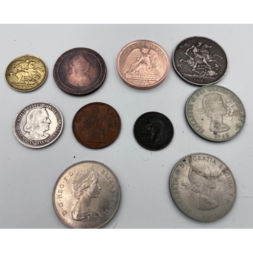 675 - Coins to include Columbian half dollar 1893, 1189 Halfcrown,  George III Britannia 1707 cart wheel p... 